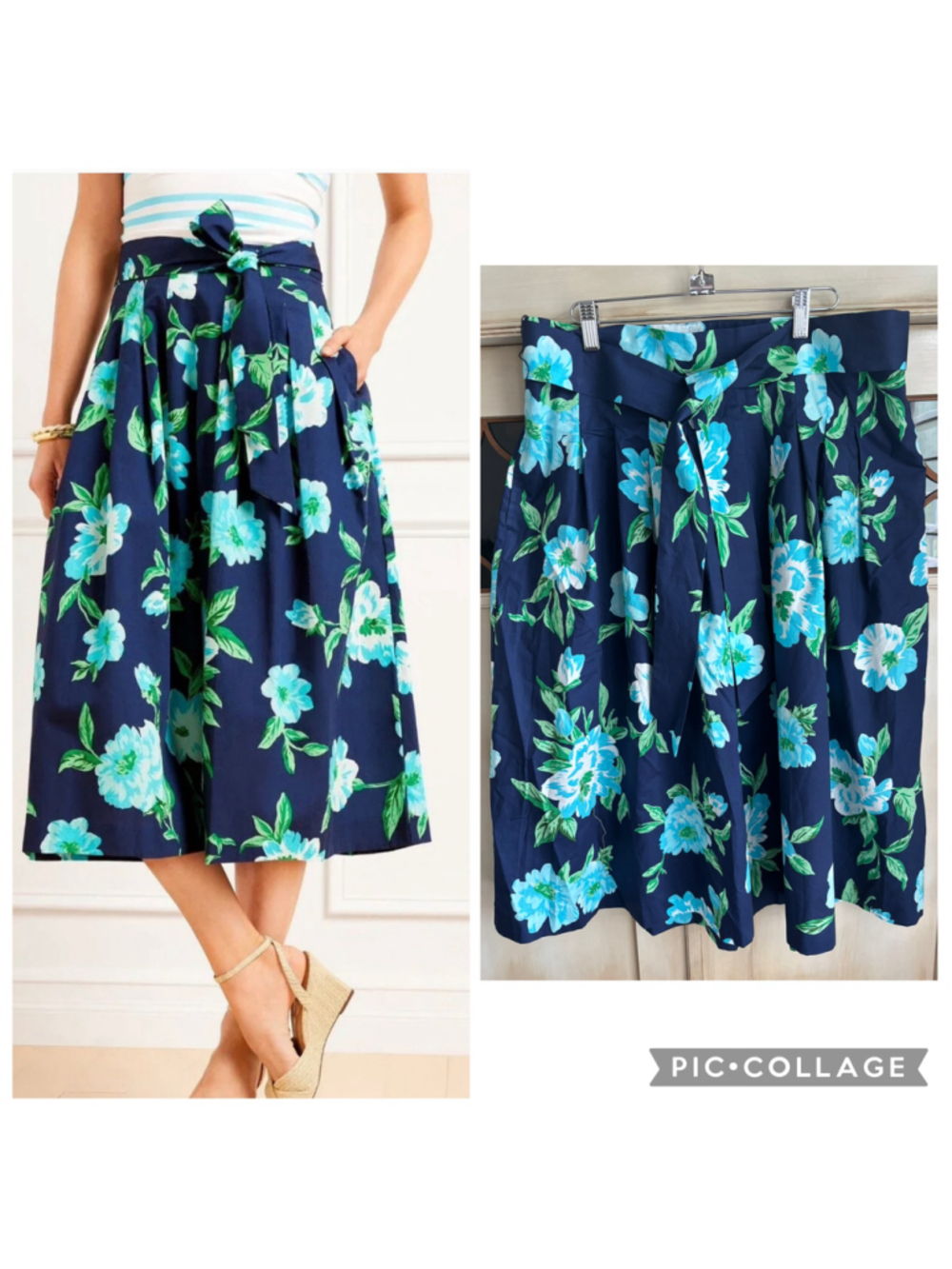 NWT TALBOTS Outlet Piper Pleated Midi Skirt Navy Floral | Sz: 14